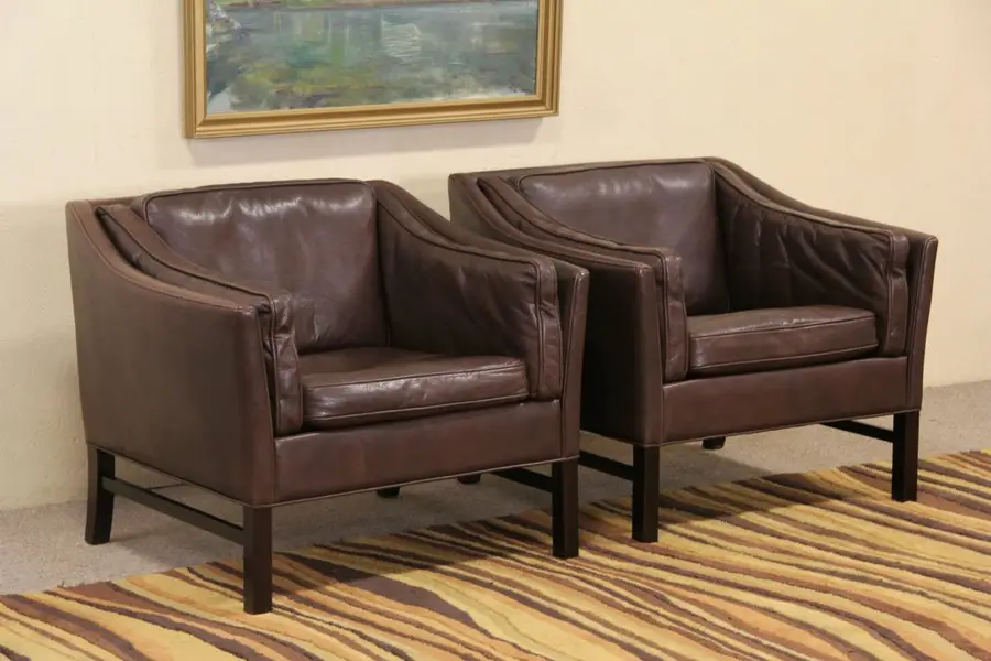 Photo of Mid Century Danish Modern Pair 1960's Vintage Leather Chairs