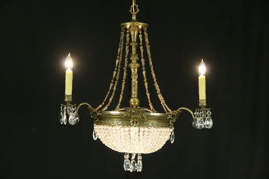 Photo of Regency Style 1940's Vintage Chandelier, Bronze Finish, European Crystal Prisms