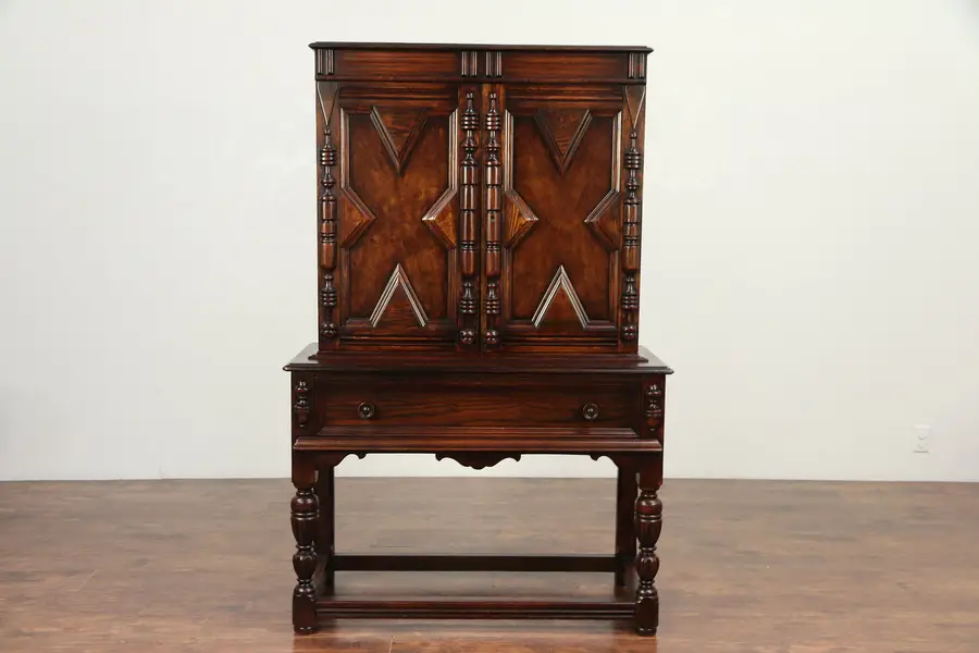 Photo of English Tudor Antique Carved Oak China or Bar Cabinet, Altman NY