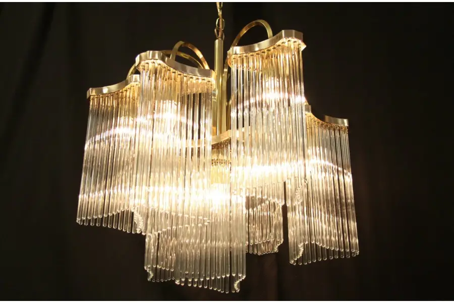 Photo of Mid Century Modern Brass Chandelier, Glass Rod Prisms