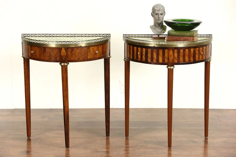 Photo of Pair of Rosewood Demilune Half Round 1915 Antique Italian Marble Top End Tables