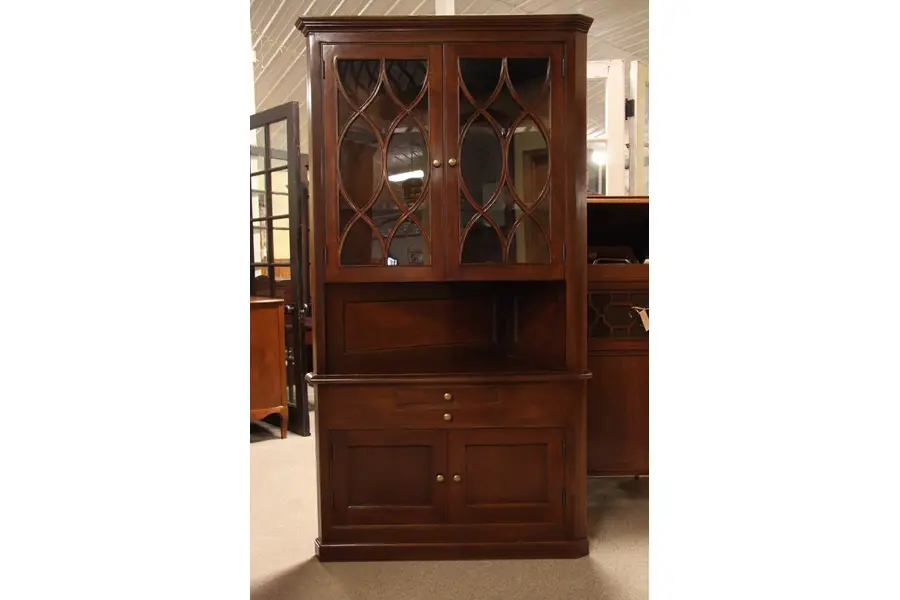 Photo of Fruitwood Corner Cabinet, Glass Doors and Drawers