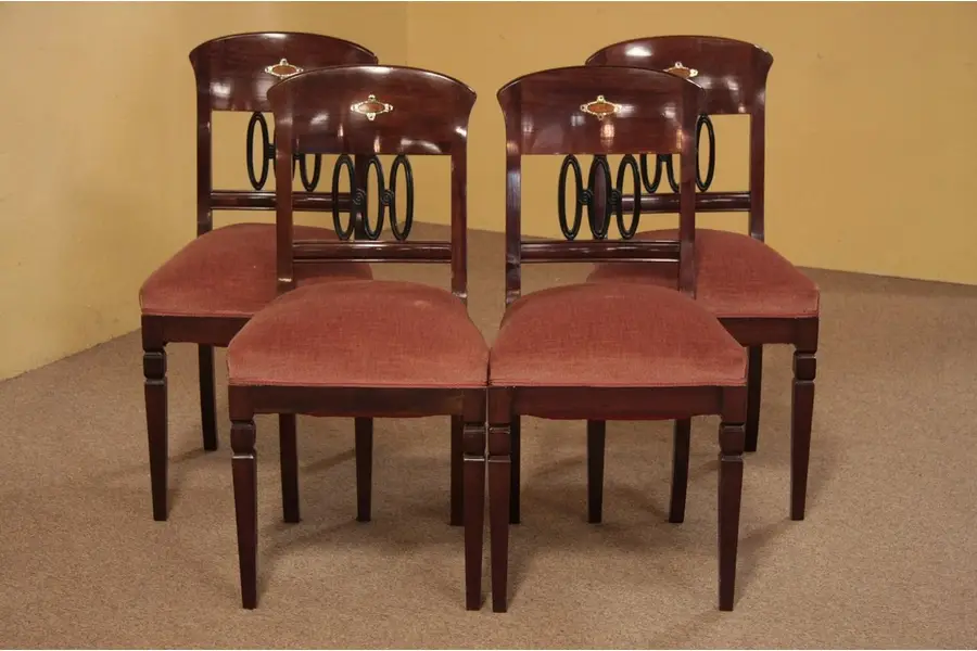 Photo of Set of 4 Mahogany 1910 Chairs, Pearl Inlay & Mohair