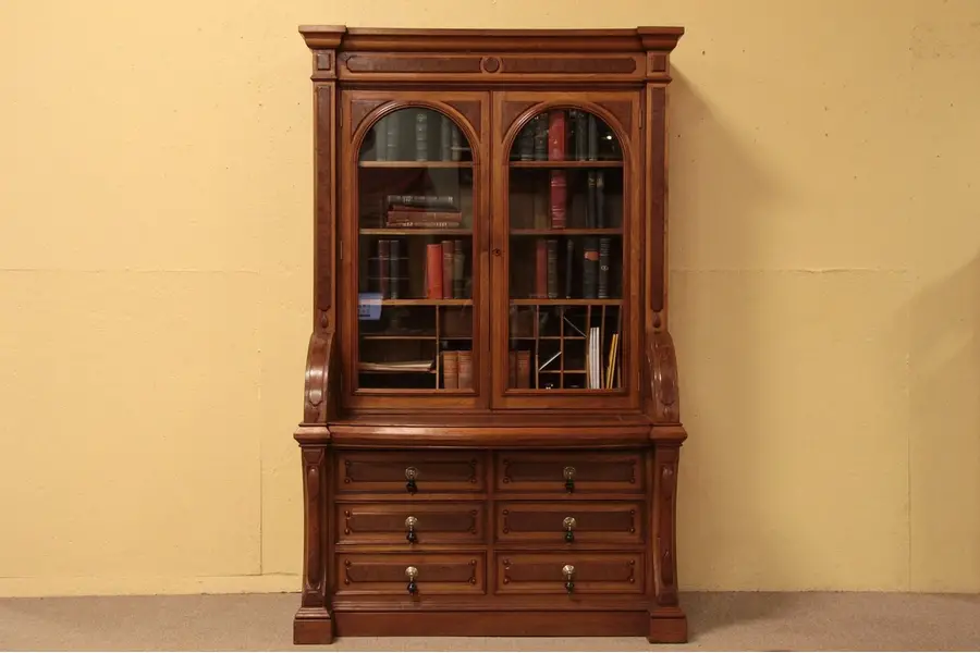 Photo of Victorian Butternut & Walnut Secretary Desk Bookcase