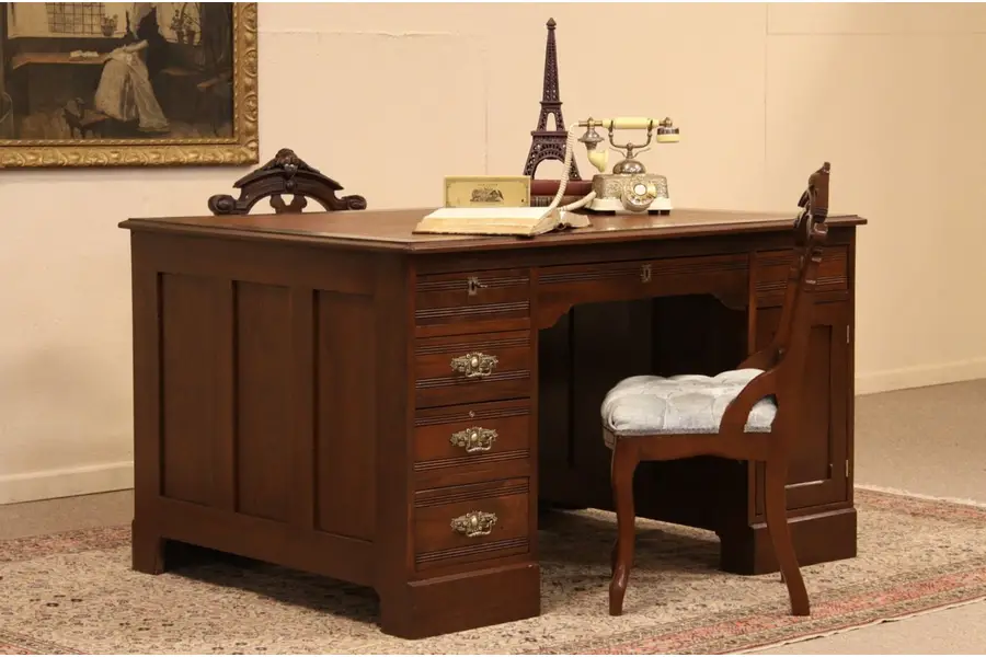 Photo of Victorian Eastlake Leather Top Partner's Desk