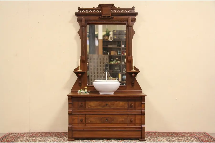 Photo of Victorian 1880 Antique Dresser or Vessel Sink Vanity, Secret Drawer & Mirror