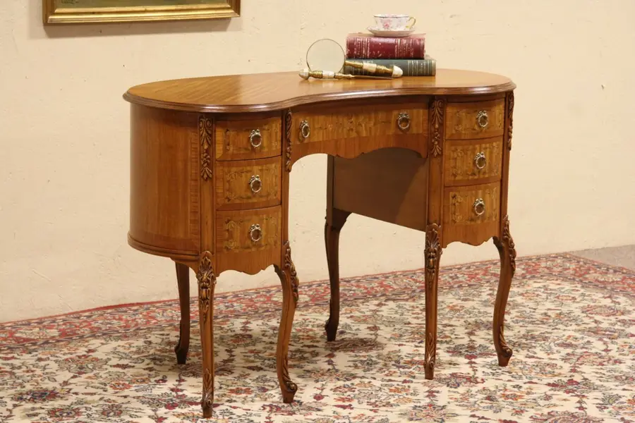 Photo of French Style 1940 Vintage Satinwood Kidney Shaped Desk or Vanity