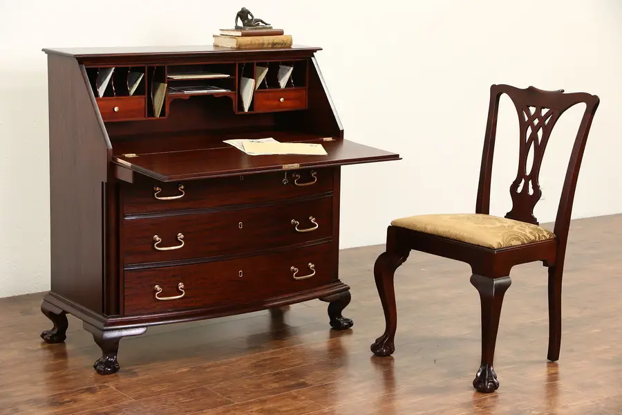 Photo of Georgian 1910 Antique Mahogany Secretary Desk & Chair, Carved Ball & Claw Feet