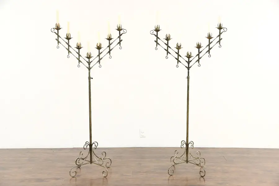 Photo of Pair Adjustable 7 Candle Vintage Wrought Iron Floor Candelabra