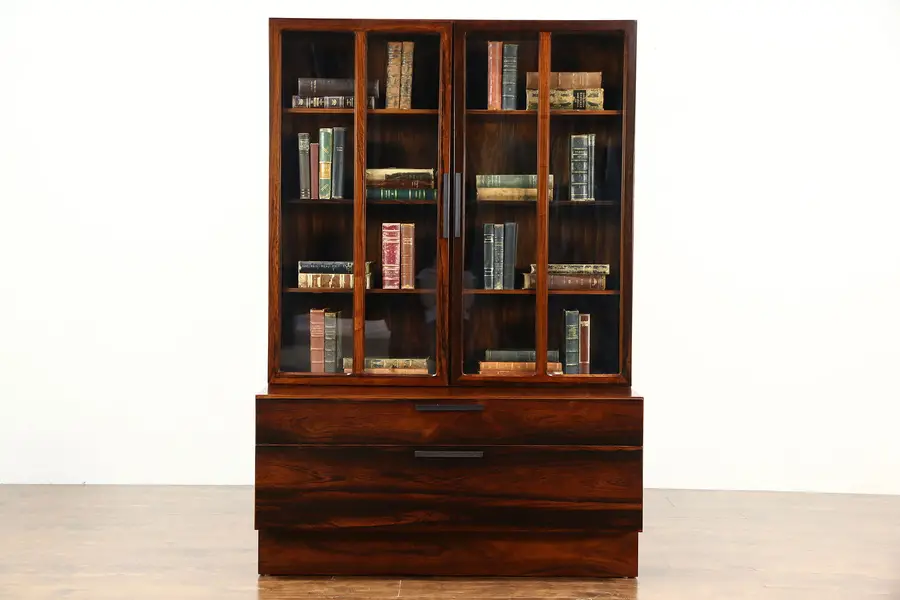 Photo of Midcentury Modern Rosewood Vintage Danish Bookcase or China, Glass Doors, Larsen