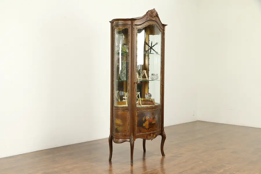 Photo of Vernis Martin 1900 Antique French Vitrine Curio Cabinet, Painted Wissi