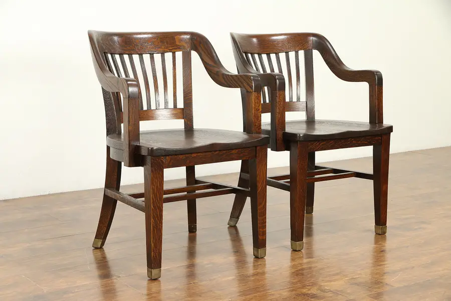 Photo of Pair of Quarter Sawn Antique Oak Banker, Office or Library Chairs Crocker