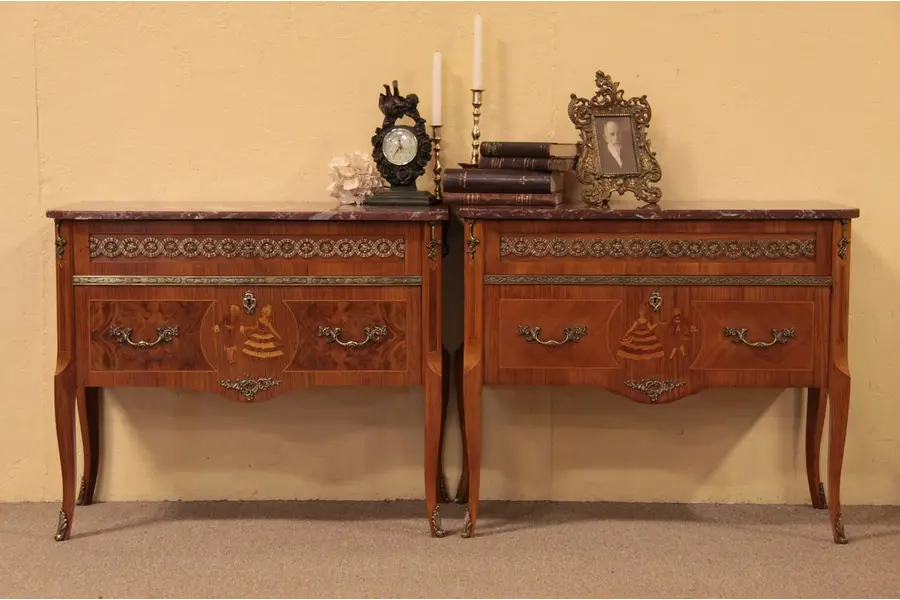 Photo of Pair Marquetry & Marble Chests or Bedside Tables