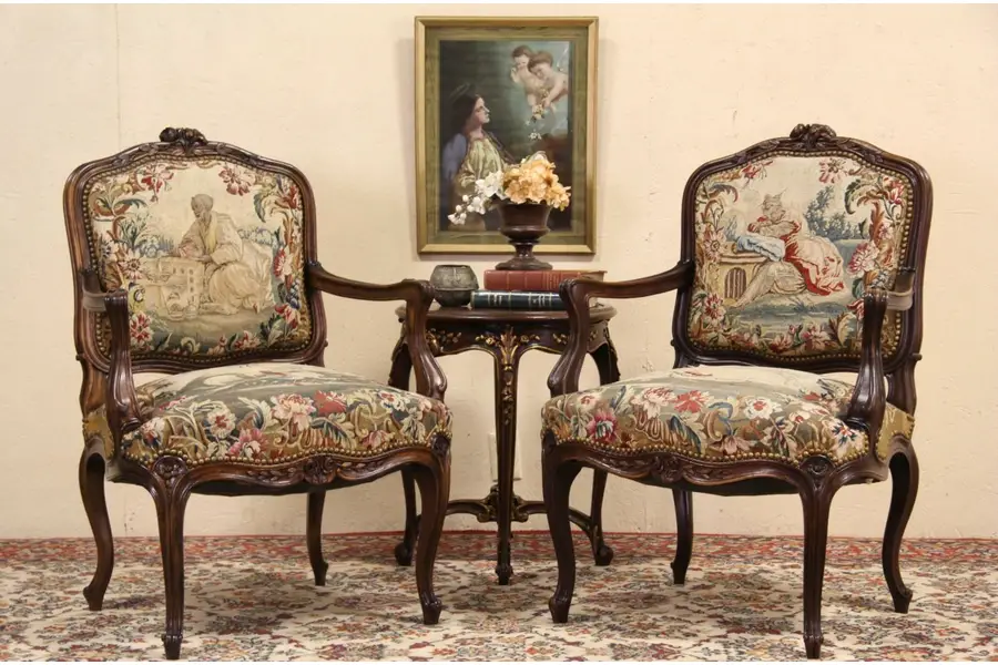 Photo of Pair of Antique 1900 Carved French Chairs, Original Tapestry
