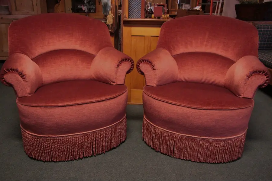 Photo of Pair of Upholstered Fringed Armchairs, circa 1940