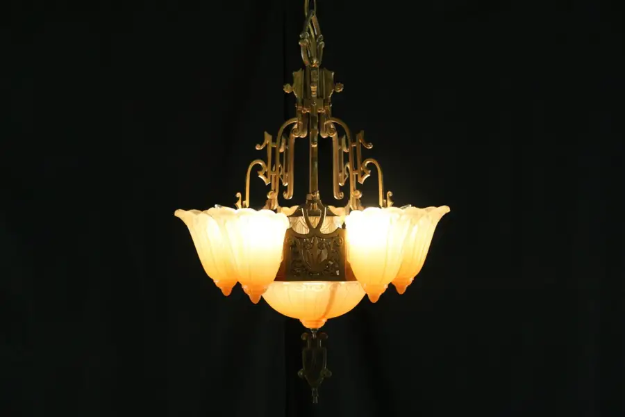 Photo of Antique Art Deco 1920's Chandelier, Original Etched Glass