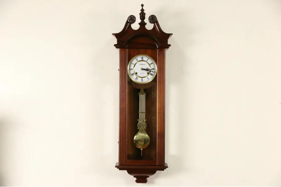 Photo of Waltham Signed Queen Ann 31 Day Vintage Mahogany Wall Clock, Brass Movement