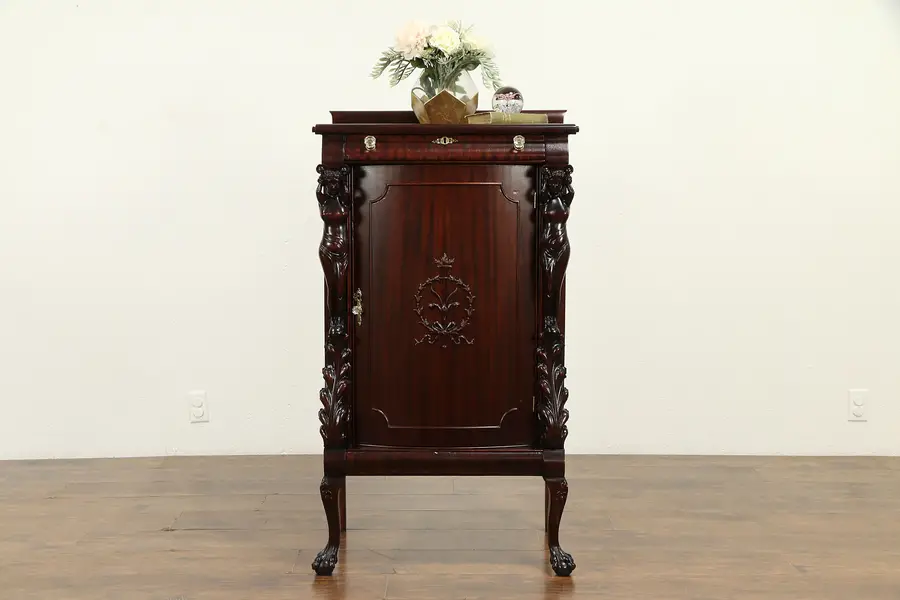 Photo of Mahogany Antique Music or Folio File Cabinet, Carved Figures, Paw Feet