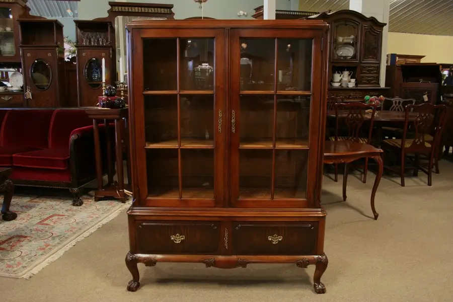 Photo of Georgian Carved Walnut 1930's Bookcase, Clawfeet