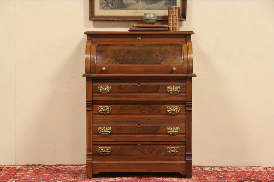Photo of Eastlake 1890 Antique Walnut Cylinder or Barrel Roll Top Desk