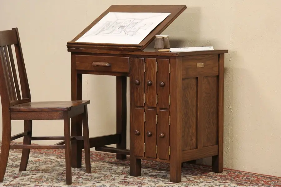 Photo of Oak 1920's Kimball Chicago Architect, Drawing or Artist Adjustable Desk