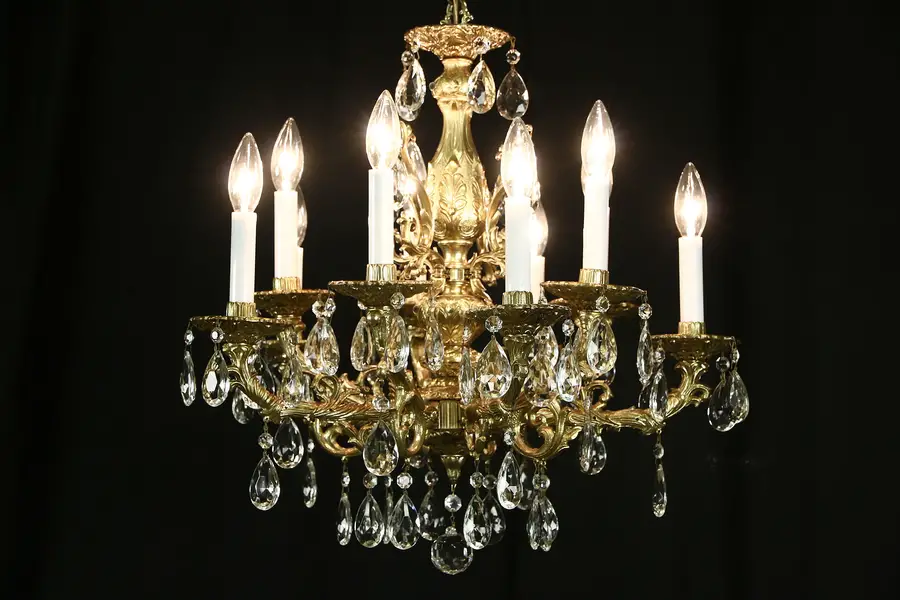 Photo of Chandelier, Molded Gold Acrylic, 10 Candles & Cut Crystal Prisms
