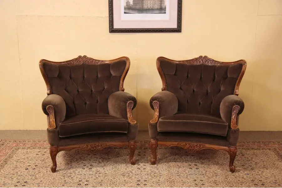 Photo of Pair Genuine Mohair Carved Vintage Wing Chairs