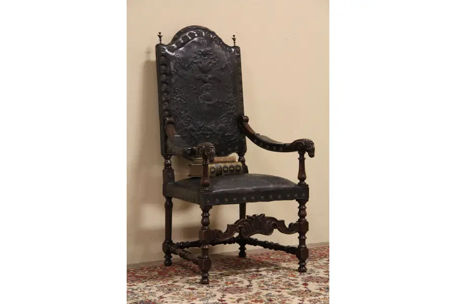 Photo of Ram Heads Tooled Leather Antique Throne Chair