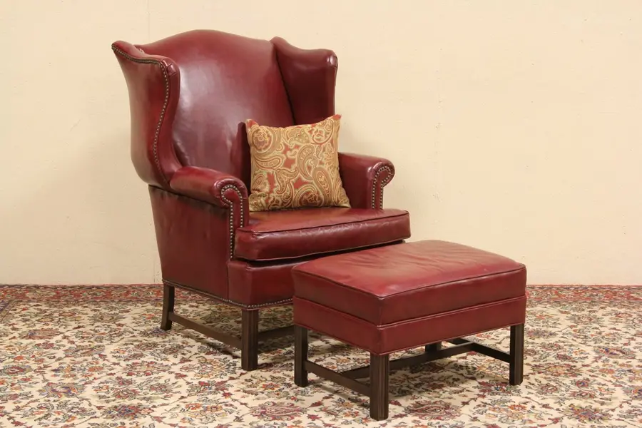 Photo of Ethan Allen Vintage Leather Wingchair and Ottoman