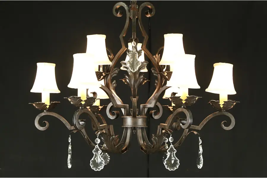 Photo of Wrought Iron Statuary Bronze 9 Candle 36" Wide Chandelier, Crystal Prisms