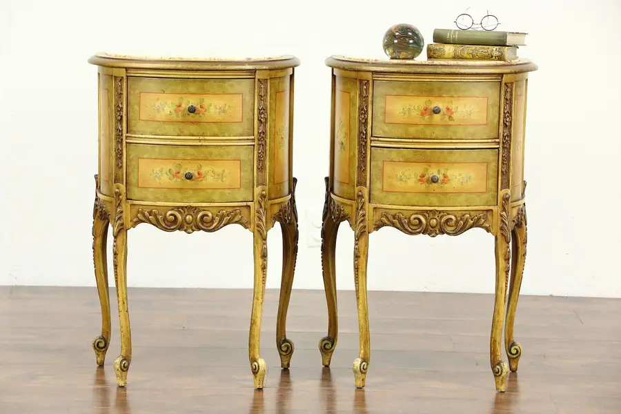 Photo of Pair of Marble Top 1930's Vintage Hand-Painted End Tables or Nightstands