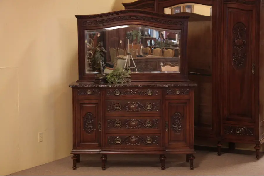 Photo of Carved Marble Top Dresser or Chest, Beveled Mirror