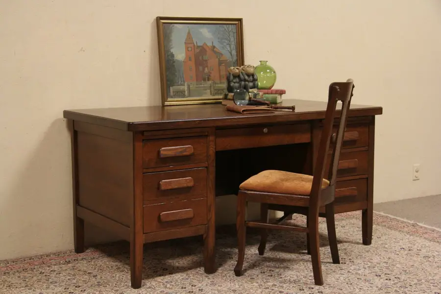 Photo of Oak 1920 Desk Signed Gunn of Michigan, File Drawer