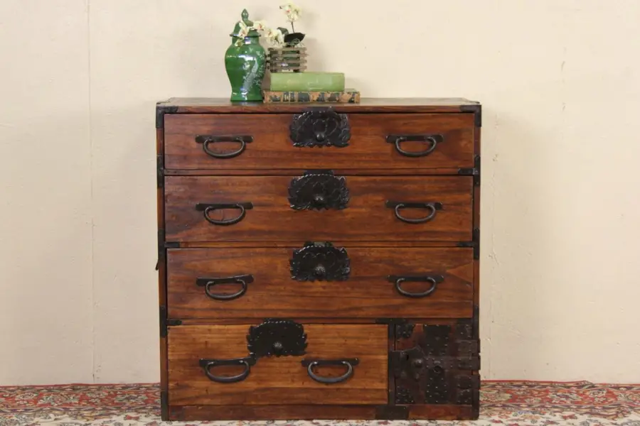 Photo of Chinese Antique Tansu 1900 Pine Campaign Chest, Wrought Iron Mounts