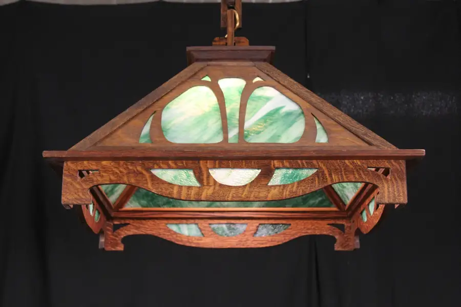 Photo of Arts & Crafts Mission Oak 1905 Stained Glass Pendant Chandelier Light Fixture