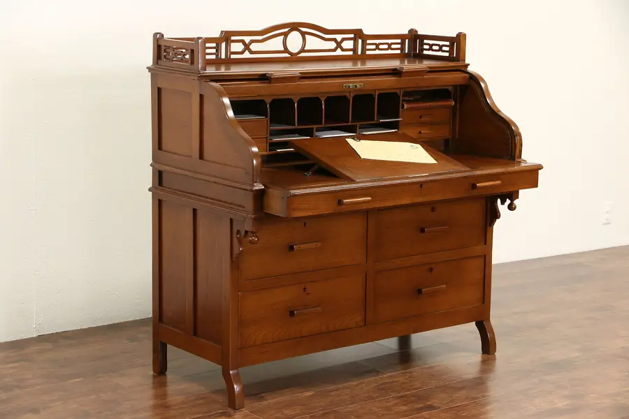 Photo of German Arts & Crafts 1900 Antique Walnut Rolltop Desk, Signed
