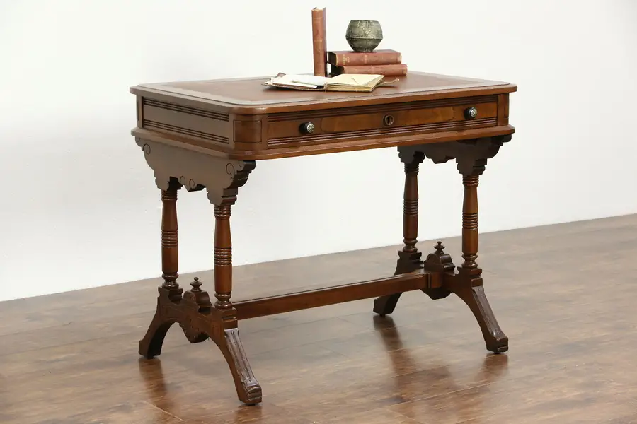Photo of Victorian 1880 Antique Walnut Library Desk Writing Table, Leather Top