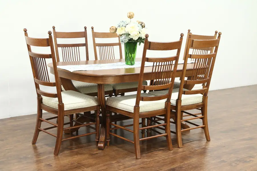 Photo of Oak Vintage Dining Set, Table, 4 Leaves, 6 Chairs, Signed Richardson Bros