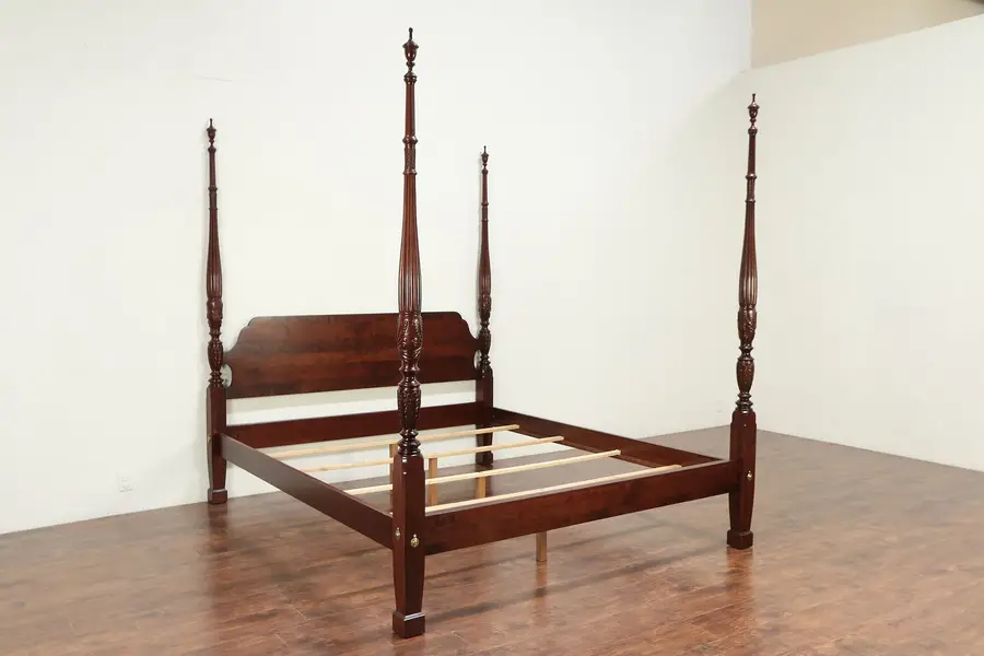 Photo of California King Cherry Vintage Poster Bed, Rice Motif, Signed Ethan Allen