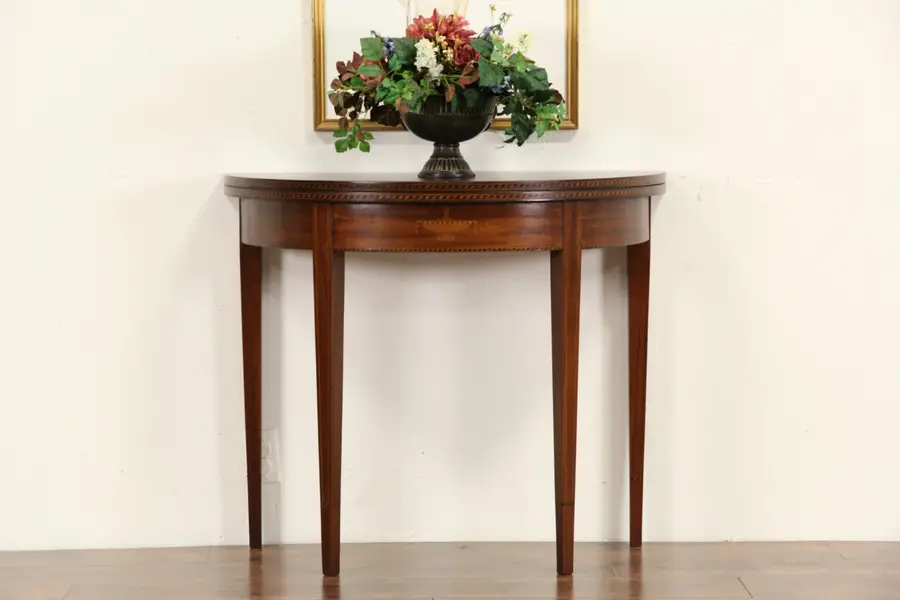Photo of Hall Demilune Console Table, 1920's Mahogany & Marquetry, Opens to Game Table