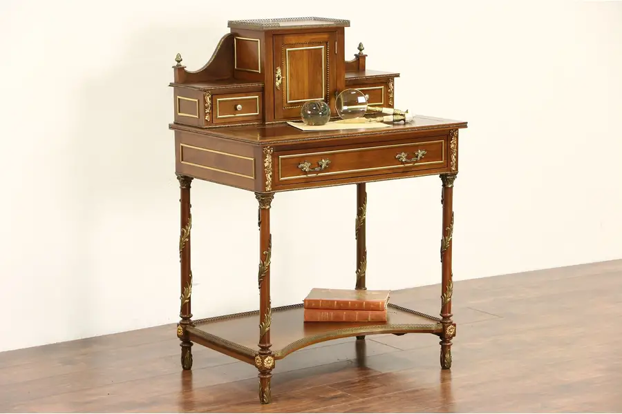 Photo of Spanish Walnut Vintage Secretary Desk, Leather Top, Brass Mounts & Galleries