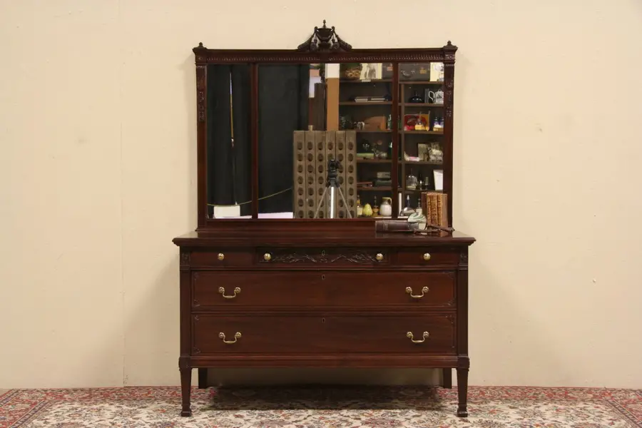 Photo of Carved Mahogany 1910 Antique Dresser or Chest & Mirror, Carved Solid Mahogany