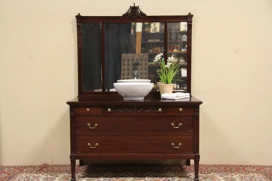 Photo of Carved Mahogany 1910 Antique Chest or Dresser & Mirror