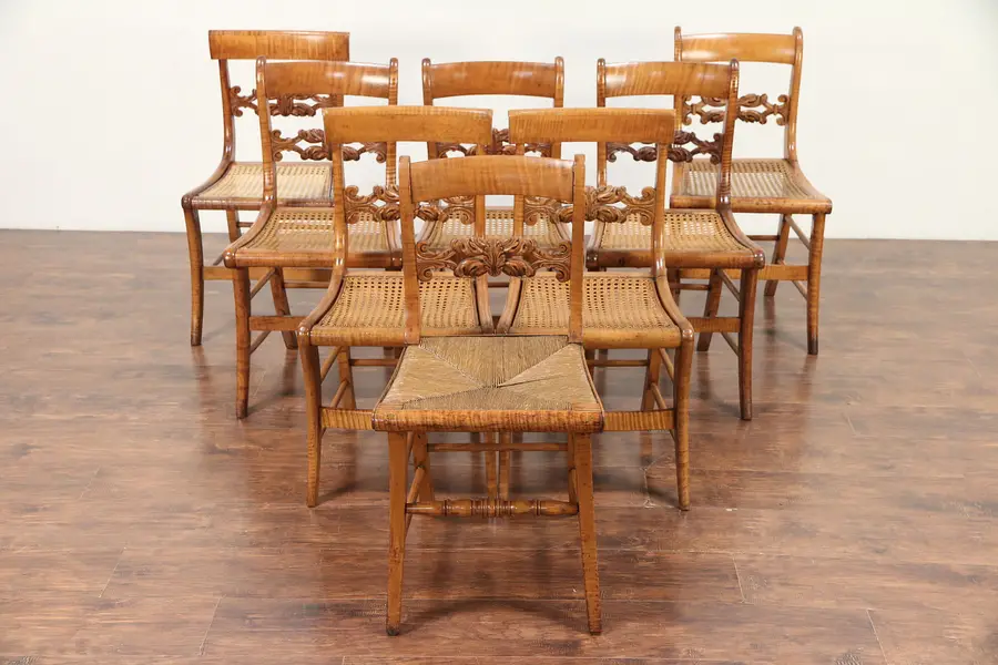 Photo of Set of 8 Antique 1825 Curly Tiger Maple Greek Revival Dining Chairs