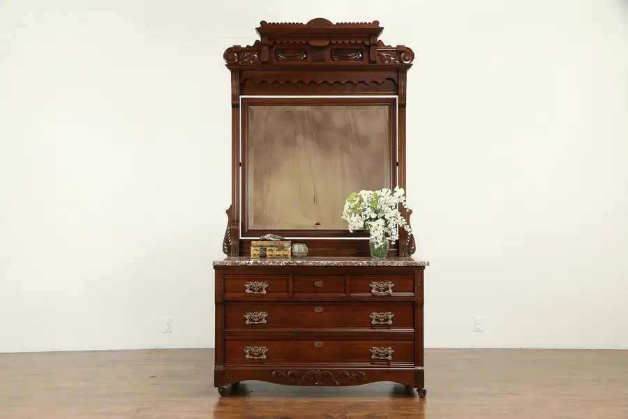 Photo of Victorian Antique Carved Walnut Chest or Dresser, Marble, Beveled Mirror