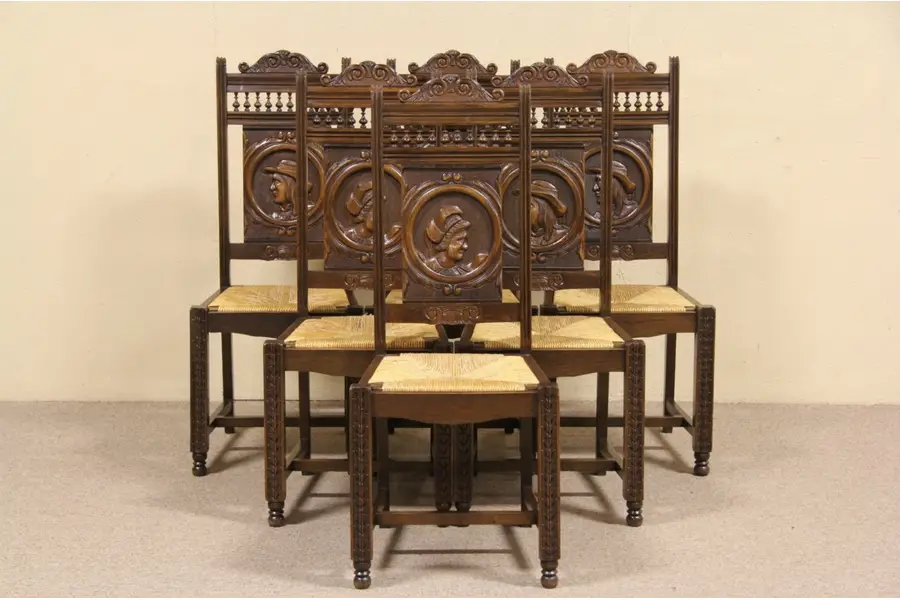 Photo of Set of 6 Brittany Carved Oak Antique 1900 Dining Chairs