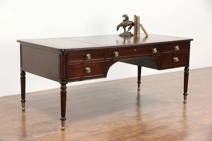 Photo of Traditional Mahogany Vintage Library Desk, Leather Top, Signed Kittinger