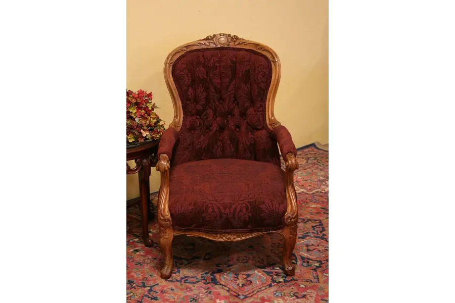 Photo of Victorian Carved 1880's Antique Tufted Armchair