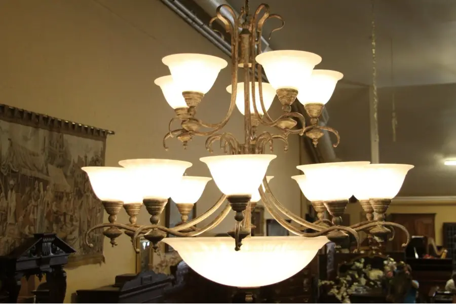 Photo of Contemporary Chandelier, Verdi Gris with Etched Shades