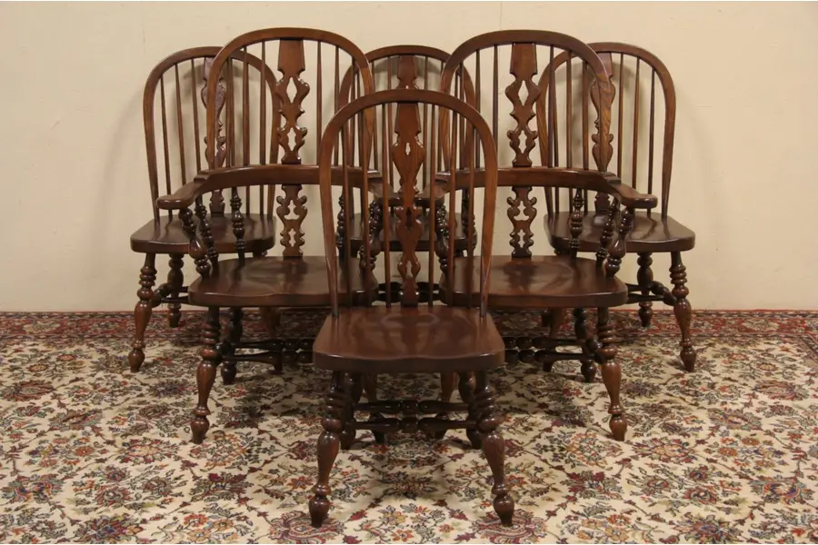Photo of Set of 6 Ethan Allen Vintage Oak Windsor Dining Chairs, American Traditional